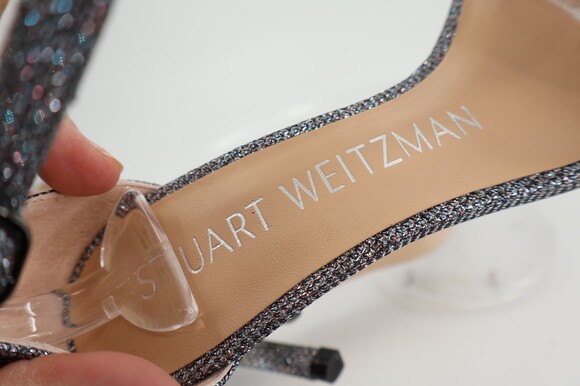 Stuart Weitzman Nunaked Ankle Strap Sandals Silver Gray Glitter Size 5 Evening - Picture 13 of 14